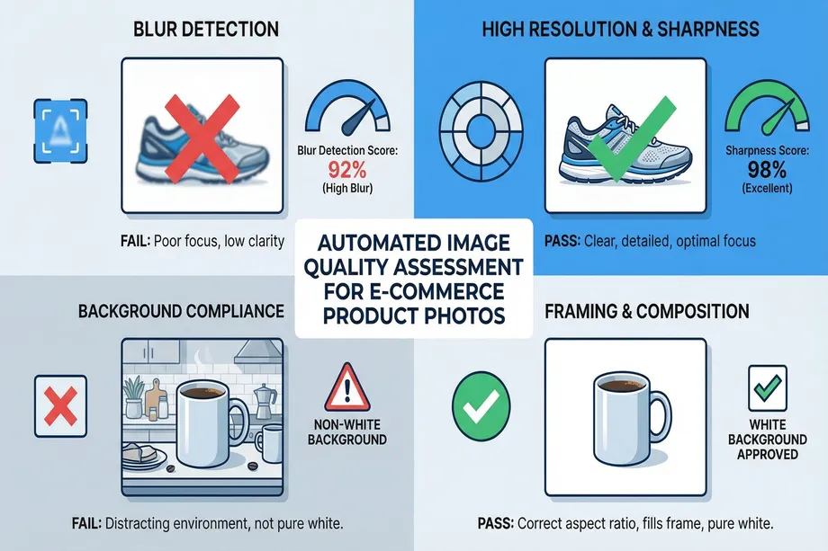 Futuristic AI workstation analyzing a sneaker product image with 98% quality score, surrounded by monitors showing object detection grids, OCR text extraction, and visual similarity results, representing e-commerce image analysis technology.