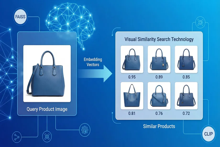 Visual similarity search diagram using FAISS and CLIP technology: a blue leather handbag query image is converted into embedding vectors by an AI model, returning six visually similar handbags ranked by similarity scores from 0.95 to 0.72.