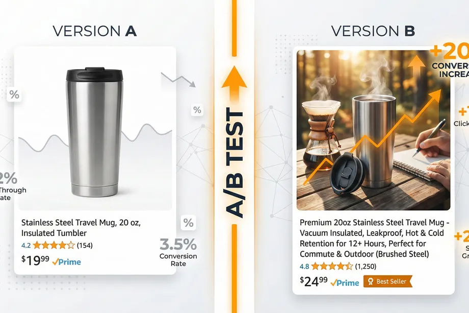 Amazon A/B test comparing two travel mug listings: Version A with a plain product photo at $19.99 shows -2% CTR and 3.5% conversion, while Version B with a lifestyle photo at $24.99 achieves +20% conversion, +15% CTR, and +25% sales growth.