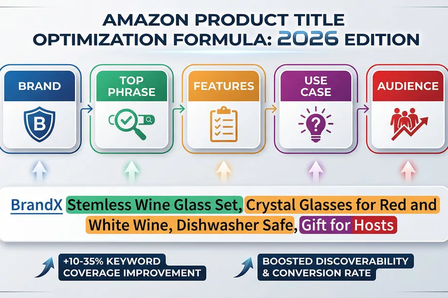 Amazon product title optimization formula for 2026 showing five components  brand, top phrase, features, use case, and audience  illustrated with a color-coded example title for a stemless wine glass set, promising 10â€“35% keyword coverage improvement and boosted conversion rates.