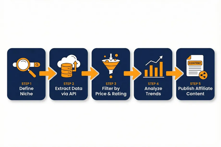 Diagram of a five-step affiliate marketing workflow: define niche, extract data via API, filter by price and rating, analyze trends, and publish affiliate content.