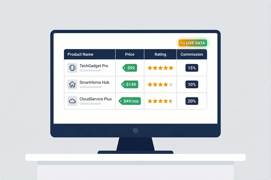 Illustration of a desktop monitor displaying a live affiliate product comparison dashboard with three products showing real-time price, star rating, and commission percentage data.