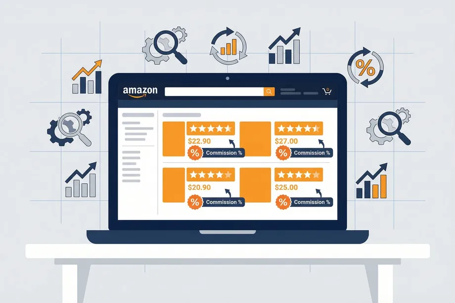Illustration of a laptop displaying an e-commerce search results page with product prices, star ratings, and commission percentage badges, surrounded by analytics icons representing price tracking, data analysis, and affiliate marketing research.