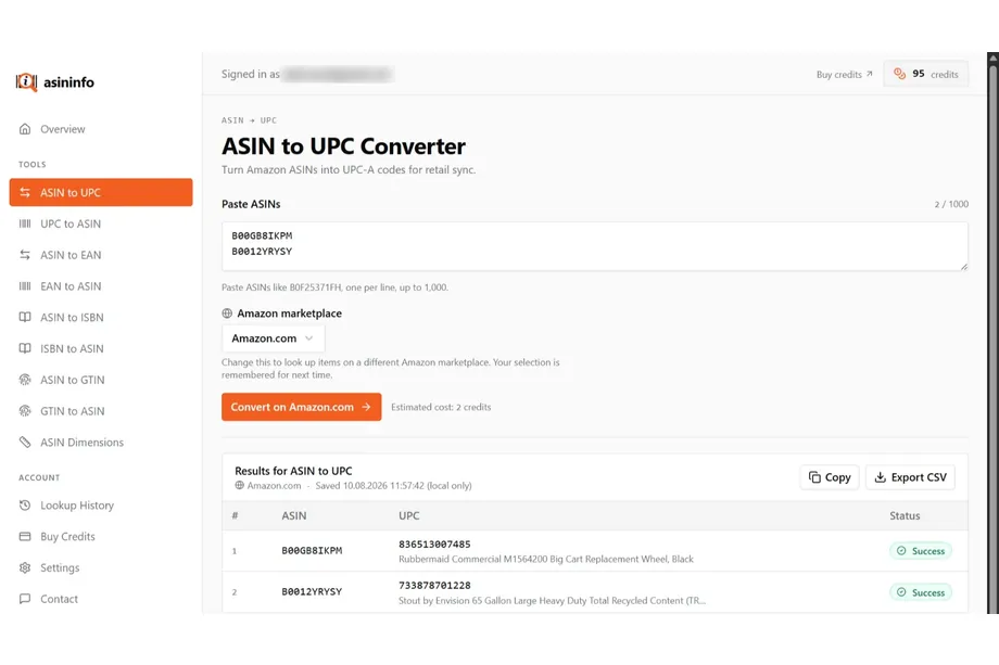 ASINInfo ASIN to UPC Converter showing ASIN input, Amazon marketplace selection, UPC results, and CSV export controls