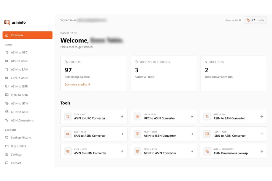 ASINInfo dashboard showing ASIN, UPC, EAN, ISBN, and GTIN conversion tools, lookup history, credits, and bulk job counts