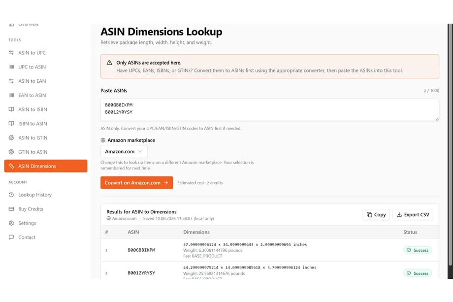 ASINInfo package dimensions lookup showing ASIN-only input, marketplace selection, package measurements, weight, and export controls