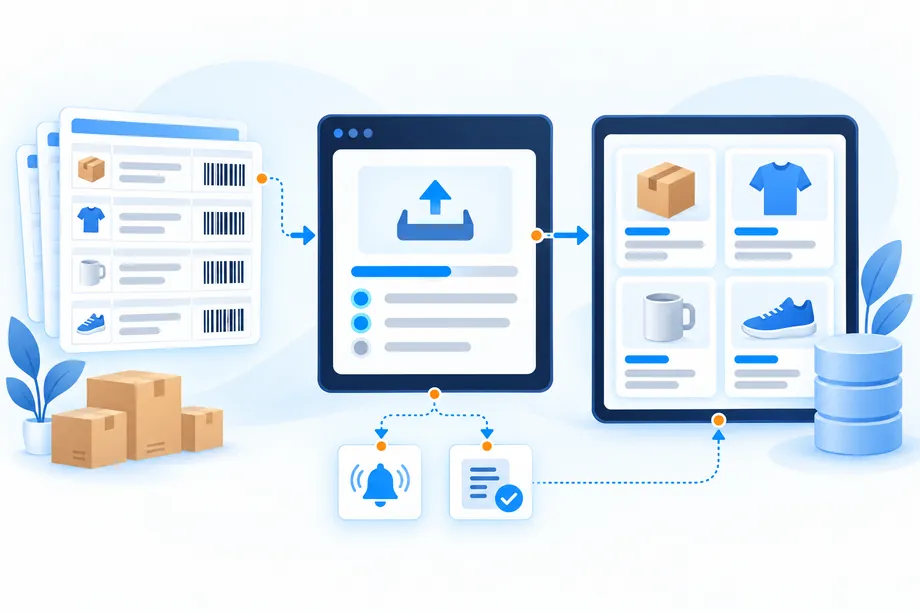 Supplier barcode records entering an asynchronous bulk job with callback notification and validated catalog import