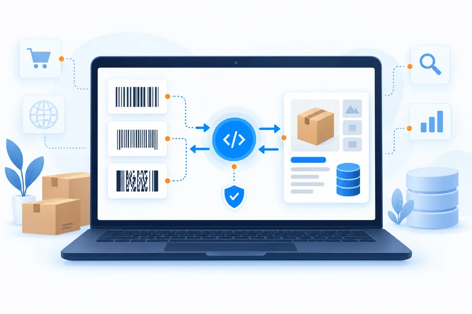 A laptop displays a bidirectional API workflow linking barcode records with an Amazon product identity and a catalog database. Blue arrows and a validation shield illustrate verified ASIN, UPC, EAN, and GTIN matching for catalog integration.