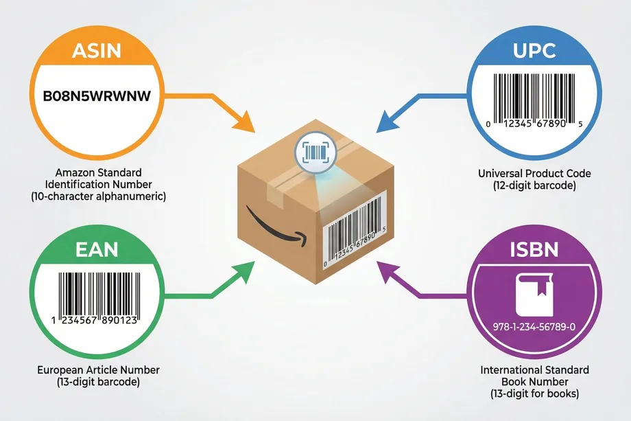 Diagram illustrating four product identifier types linked to a central e-commerce shipping box: ASIN (10-character alphanumeric), UPC (12-digit barcode), EAN (13-digit barcode), and ISBN (13-digit for books).