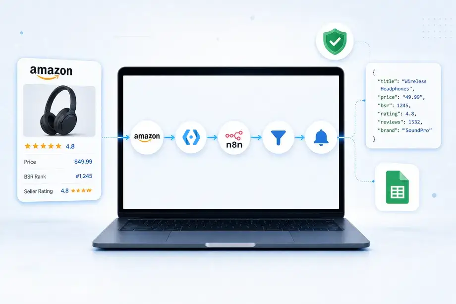 A sleek 3D illustration showing the n8n logo connected to Amazon data blocks and Easyparser nodes, representing seamless e-commerce automation with 5 workflow steps on a laptop screen.