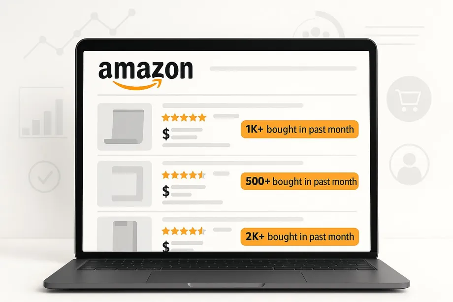 Laptop displaying an Amazon search results page with three product listings showing star ratings, prices, and purchase frequency badges of 1K+, 500+, and 2K+ bought in the past month, representing Amazon sales velocity data for market research.