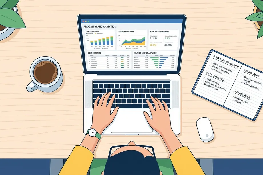 Top-down view of a marketer working on a laptop displaying Amazon Brand Analytics with top keywords, conversion rate, purchase behavior, and market basket analysis, alongside a notebook with a growth strategy and action plan.