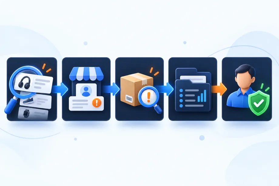 Evidence-first workflow illustration showing offer monitoring, seller review, product verification, evidence collection, and human escalation.