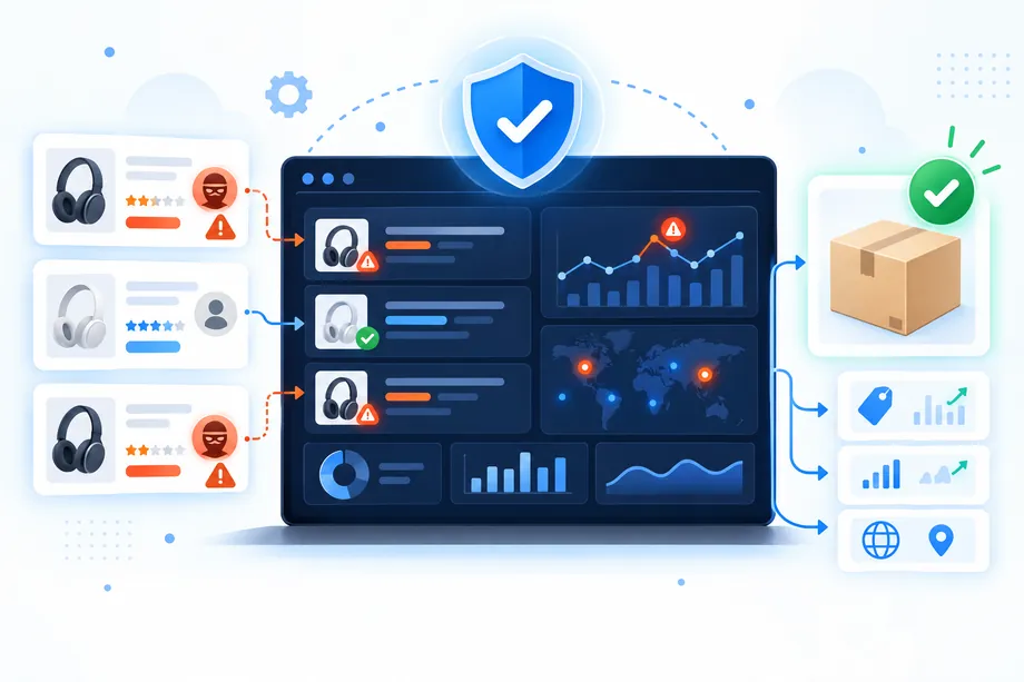A clean brand-protection monitoring dashboard uses a blue shield, offer cards, seller nodes, and orange risk signals to illustrate how structured Amazon data helps teams prioritize review.