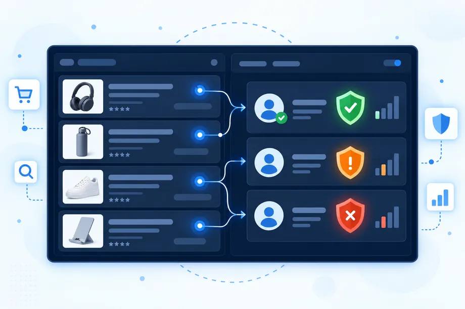 Illustration of a seller-risk dashboard that connects Amazon offer data with seller profiles and color-coded monitoring signals.