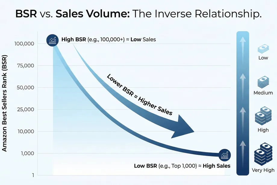 Curve chart illustrating the inverse relationship between Amazon Best Sellers Rank and sales volume: a BSR of 100,000+ indicates low sales, while a top 1,000 BSR correlates with very high sales volume.