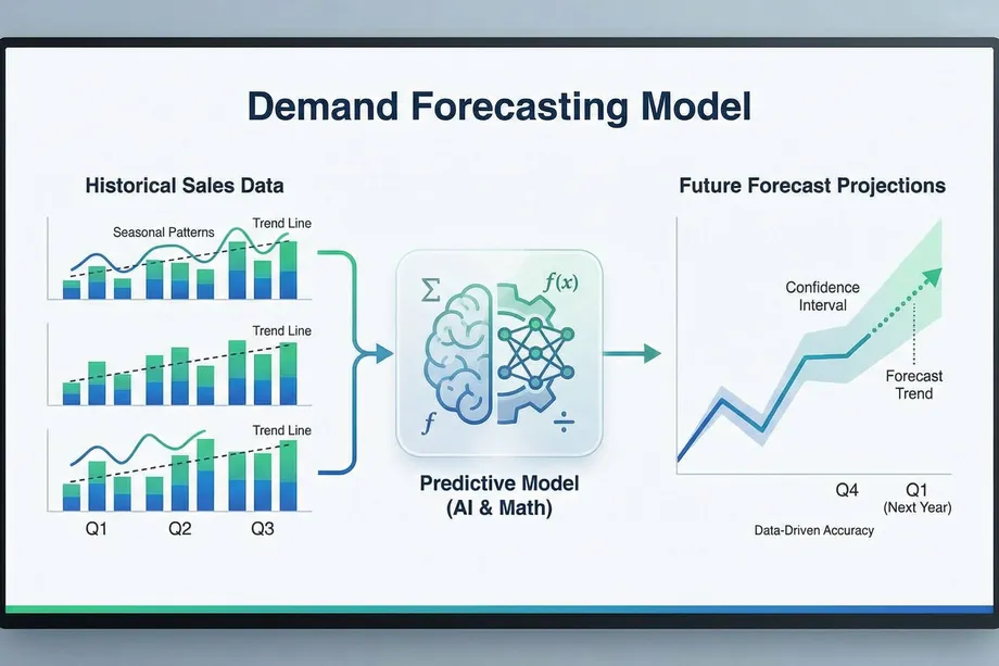 Demand forecasting model diagram showing Q1â€“Q3 historical sales data with seasonal patterns and trend lines feeding into an AI and math predictive model, which generates future forecast projections with a confidence interval through Q4 and into next year.