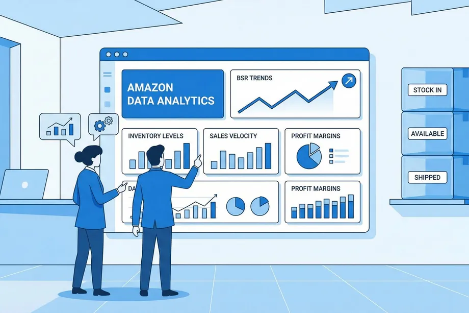 Two business professionals reviewing an Amazon data analytics dashboard displaying BSR trends, inventory levels, sales velocity, and profit margins charts, with labeled inventory boxes showing stock-in, available, and shipped statuses in the background.