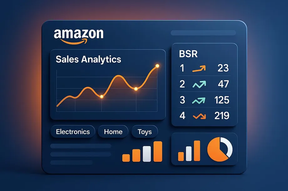 Illustration of an Amazon Sales Analytics dashboard displaying a rising trend line, Best Seller Rankings (BSR) for four products, category filters for Electronics, Home, and Toys, along with bar and pie charts.