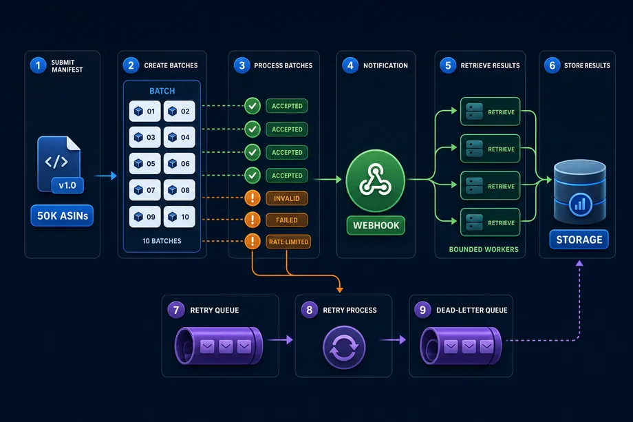 Dark navy workflow diagram for a 50,000-ASIN daily refresh showing versioned manifests, batched submissions, accepted and rejected lanes, signed webhook delivery, retrieval workers, retry queues and warehouse storage.