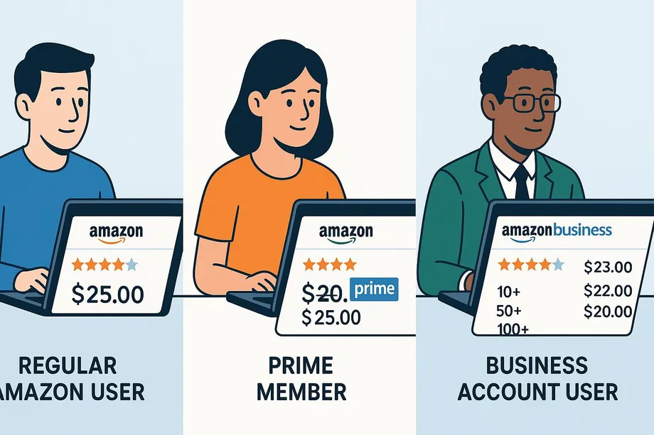 Illustration comparing pricing across three Amazon account types: a Regular User paying $25.00, a Prime Member paying $20.00 with a Prime discount, and a Business Account User seeing tiered pricing of $23.00, $22.00, and $20.00 for quantities of 10+, 50+, and 100+.