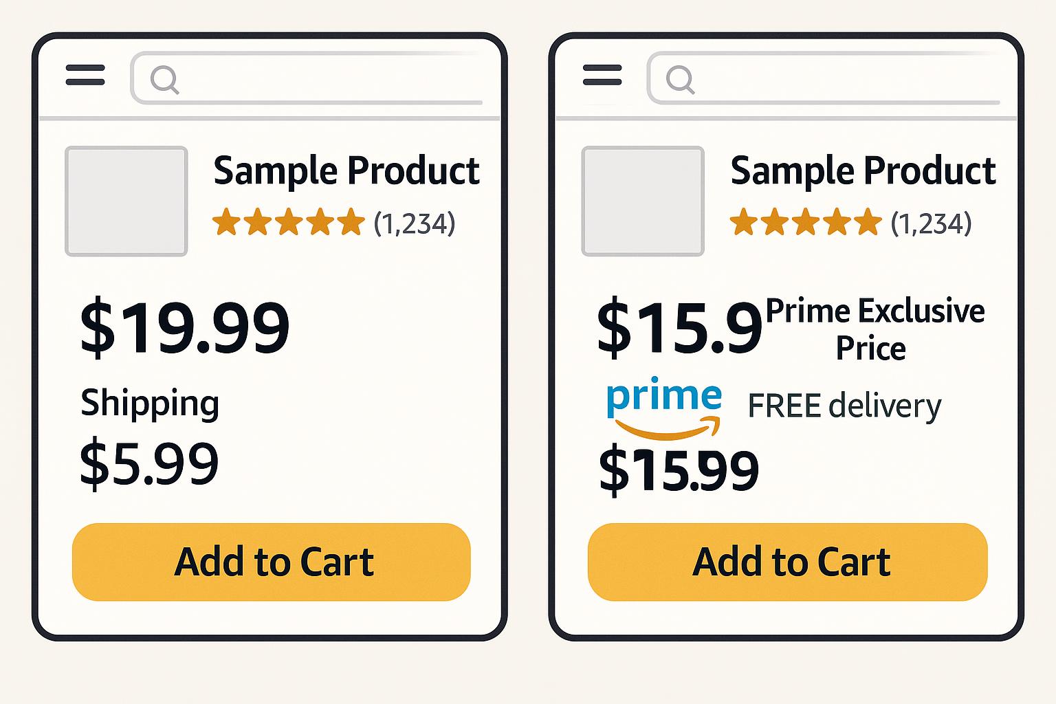 Side-by-side comparison of a product page as seen by a Prime member versus a regular user, highlighting price and shipping differences.