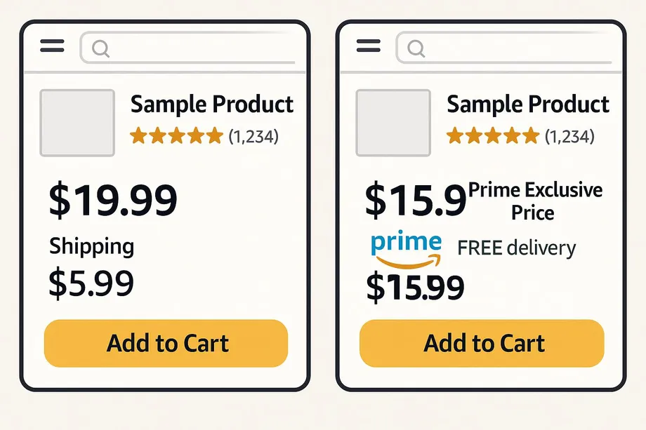Illustration comparing two Amazon product listings for the same item: a regular price of $19.99 plus $5.99 shipping on the left, versus a Prime Exclusive Price of $15.99 with free delivery on the right.