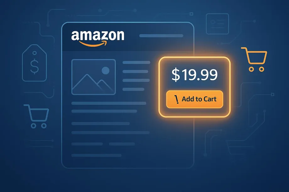 Illustration of an Amazon product listing page with a glowing orange price box highlighting $19.99 and an "Add to Cart" button, surrounded by shopping cart and price tag icons on a dark digital background.