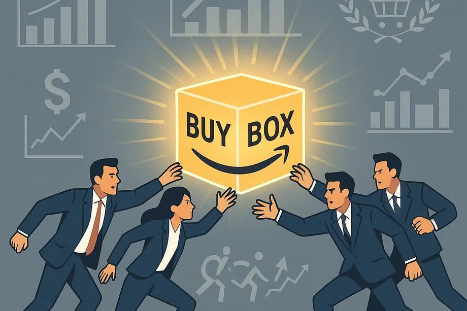 Illustration of four business professionals competing to grab a glowing Amazon Buy Box, with rising sales charts, a dollar sign, and a trophy icon in the background, symbolizing fierce seller competition for the Buy Box.