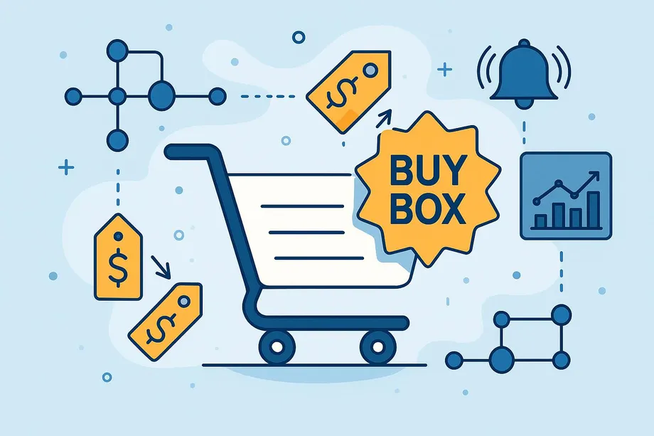 Illustration of a shopping cart with a prominent Buy Box badge, surrounded by price tags, a notification bell, a growth chart, and network nodes, representing the key factors and benefits of winning the Amazon Buy Box.