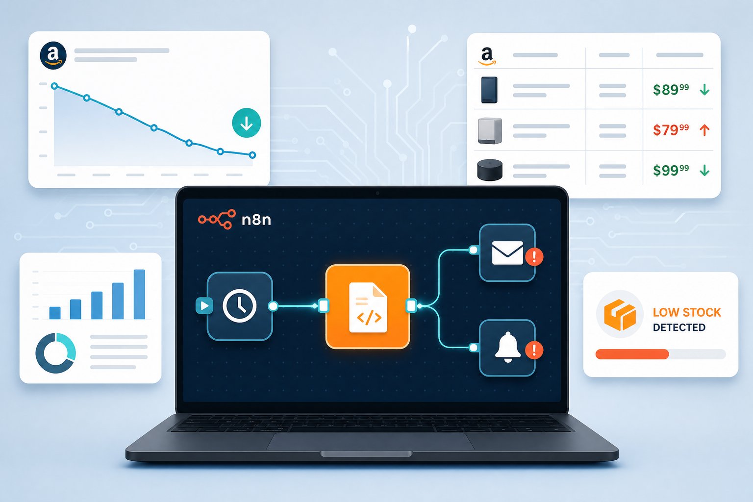 A digital dashboard showing an automated Amazon competitor monitoring workflow built in n8n, with connected nodes for BSR tracking, inventory alerts, and pricing changes powered by Easyparser.