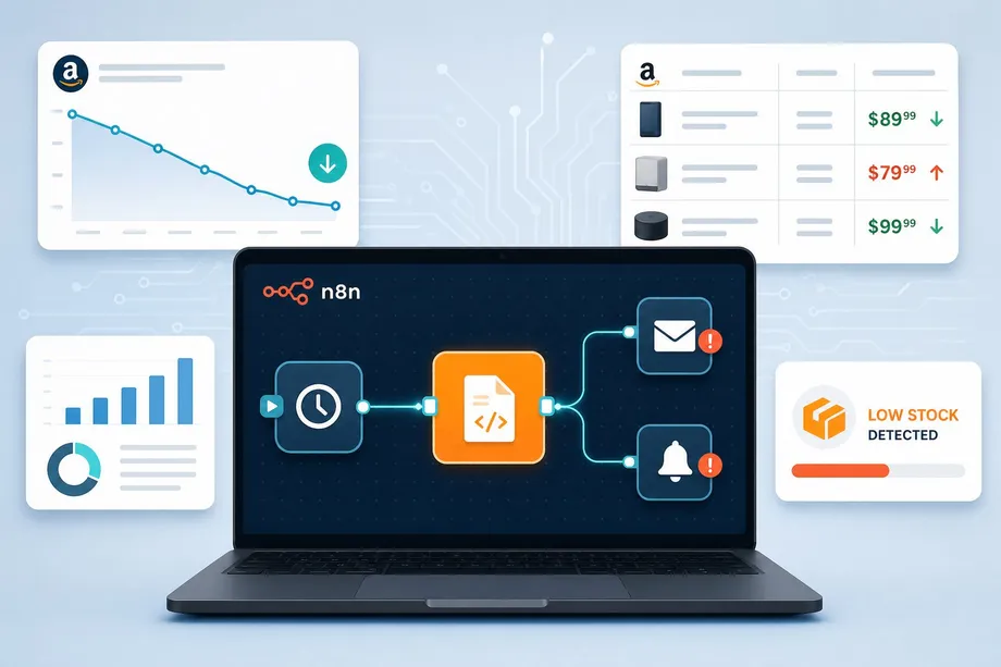 A digital dashboard showing an automated Amazon competitor monitoring workflow built in n8n, with connected nodes for BSR tracking, inventory alerts, and pricing changes powered by Easyparser.