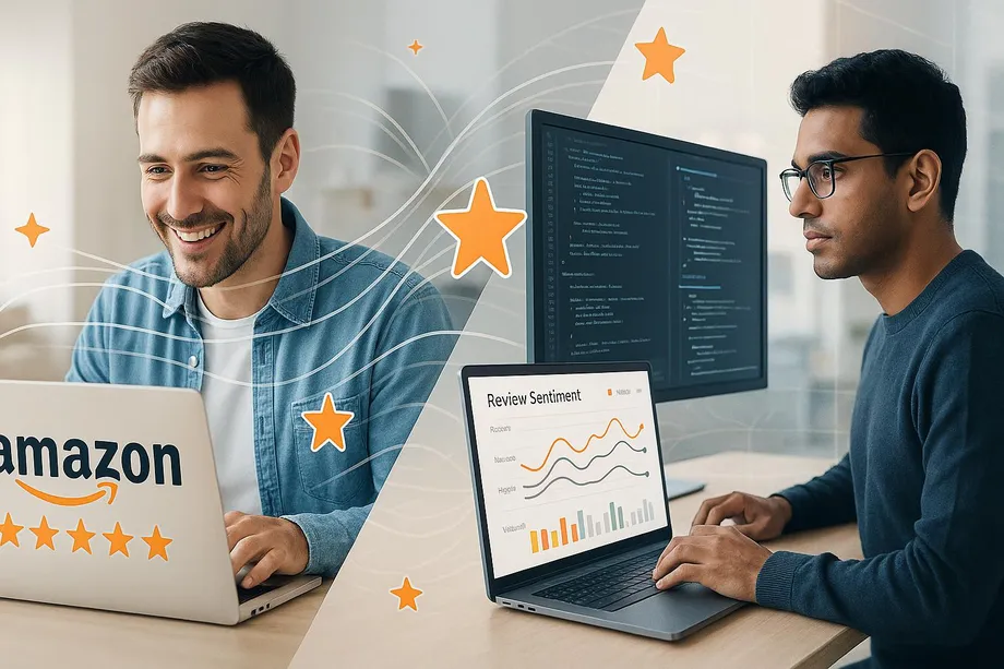 Two professionals working on Amazon review analysis: a smiling seller with an Amazon-branded laptop and five-star ratings on the left, and a developer analyzing a Review Sentiment dashboard with code on a monitor on the right.