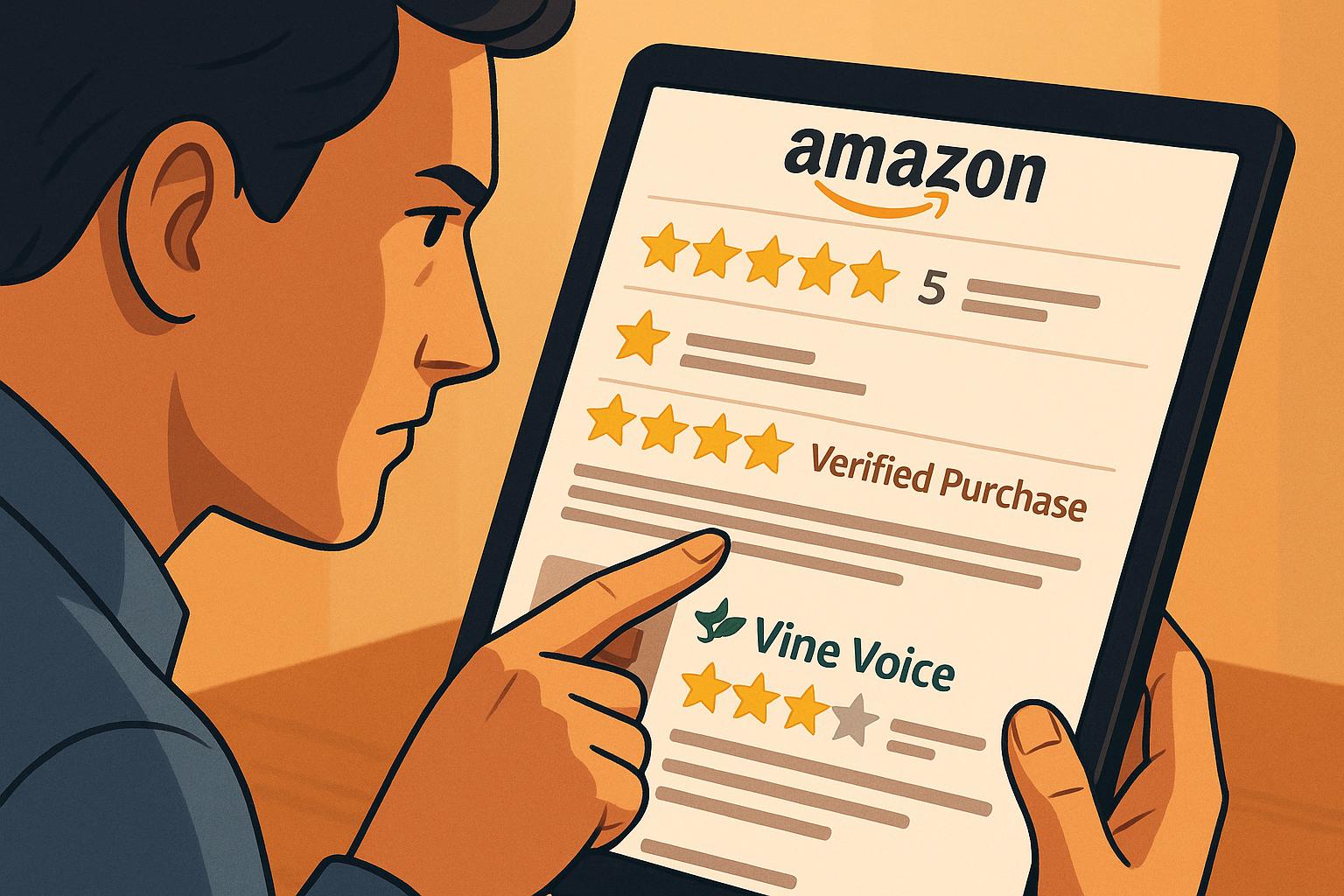 A customer analyzing various review elements on an Amazon product page, like star ratings and verified purchase badges.
