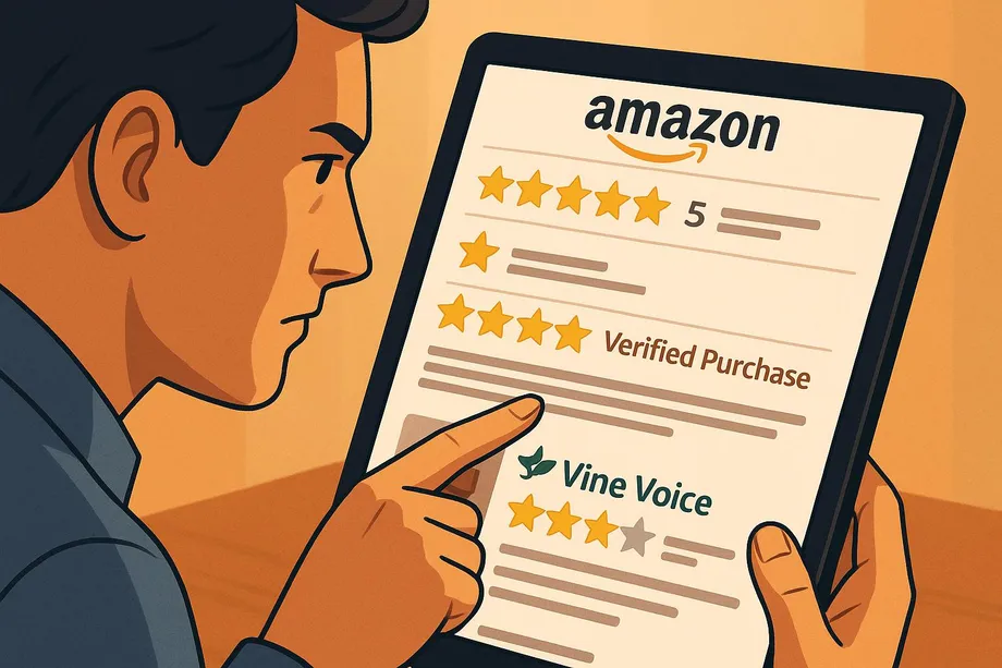 Illustration of a person reading Amazon product reviews on a tablet, showing a 5-star rating, a Verified Purchase review, and a Vine Voice review with a 4-star rating.