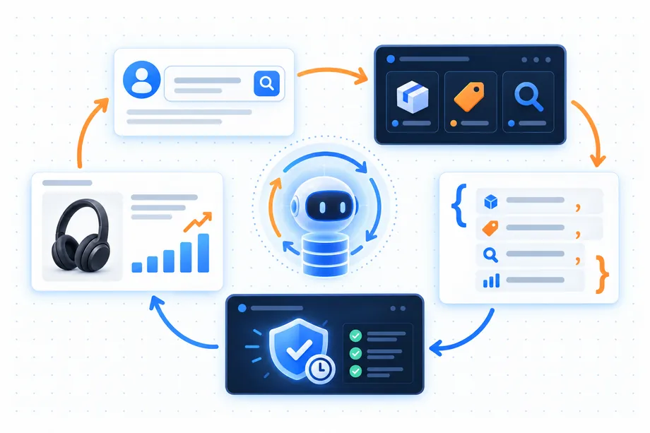 Illustration of an AI agent evidence loop that turns a user question into Amazon data operations, validated structured JSON, and a research recommendation.