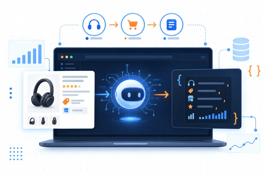 A dark navy laptop displays a blue AI agent that transforms a marketplace product card into structured JSON-style data, surrounded by blue and orange data-flow icons on a bright background.