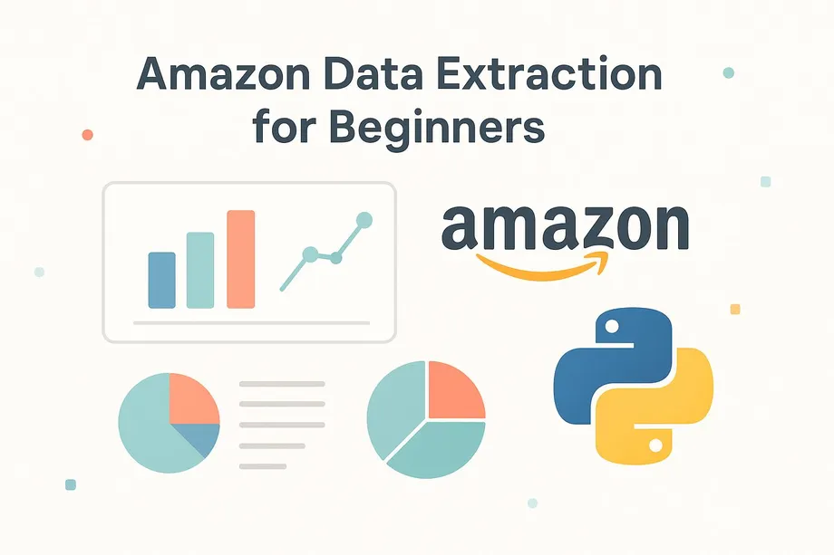 Illustration serving as a cover graphic for an "Amazon Data Extraction for Beginners" guide, featuring bar charts, pie charts, a trend line, the Amazon logo, and the Python programming language logo.