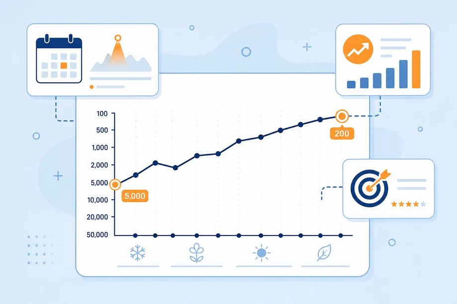 Infographic showing Amazon BSR trend analysis with a line chart illustrating a product climbing from BSR 5000 to 200, with seasonal demand signals and market entry indicators.