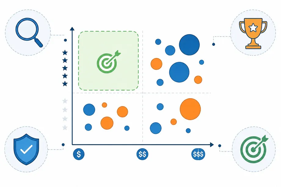 Bubble chart showing the Amazon competitive landscape with products mapped by price point versus review volume, highlighting a green opportunity zone with low competition and high potential.