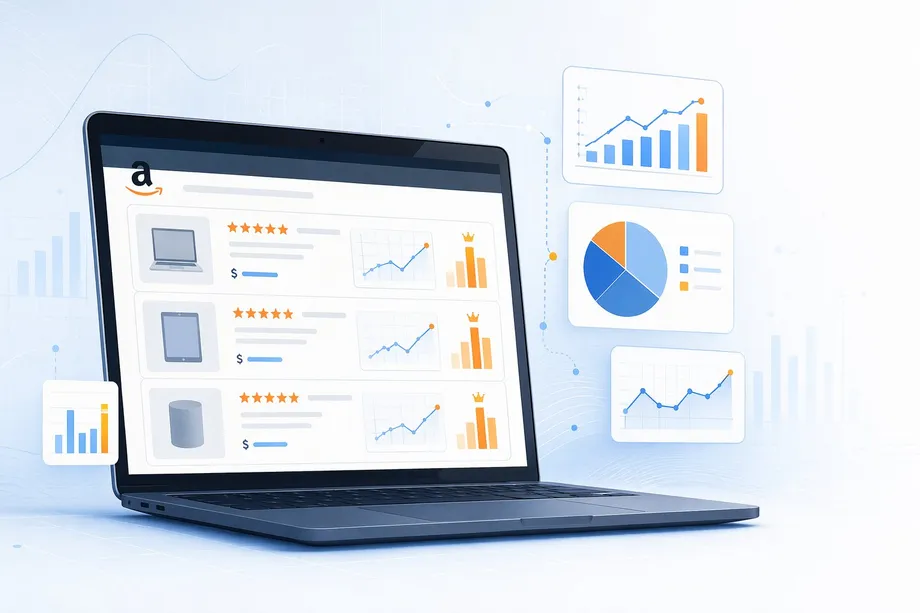 A laptop displaying Amazon product listings with floating data analytics charts and BSR trend visualizations, representing how analysts use Amazon data for market research and competitive intelligence.