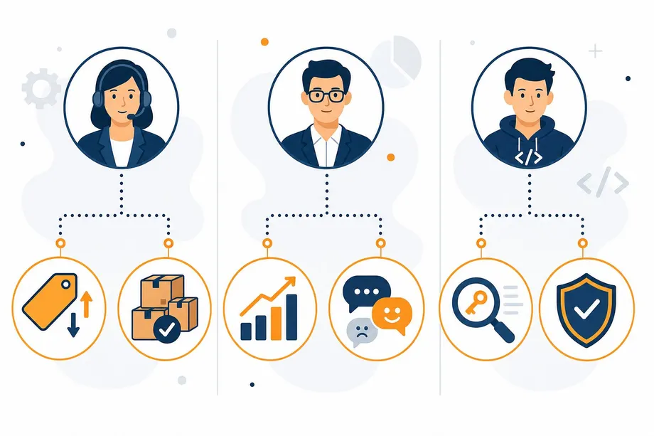 Infographic showing three business roles - e-commerce manager, data analyst, and developer - each connected to their most relevant Amazon data scraping use cases