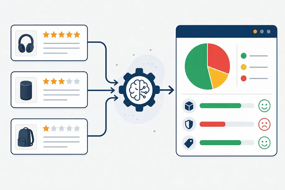 Workflow diagram showing Amazon product reviews being processed through an NLP sentiment analysis pipeline, producing aspect-based sentiment scores for product features like design, durability, and value