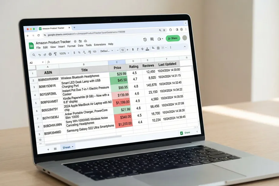 Photograph of a laptop on a desk displaying a Google Sheets product tracker with columns for ASIN, title, price, rating, reviews, and last updated timestamp, showing live pricing data for multiple electronics products.