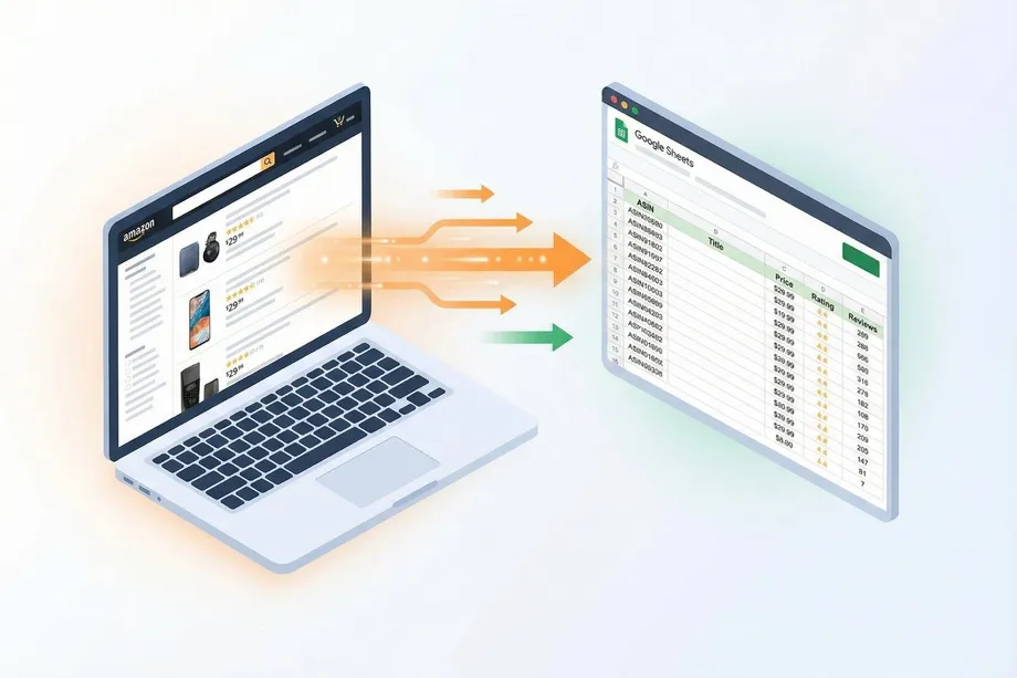 Illustration of an e-commerce product data extraction workflow where search results are automatically transferred into a Google Sheets spreadsheet containing ASIN, title, price, rating, and review columns.