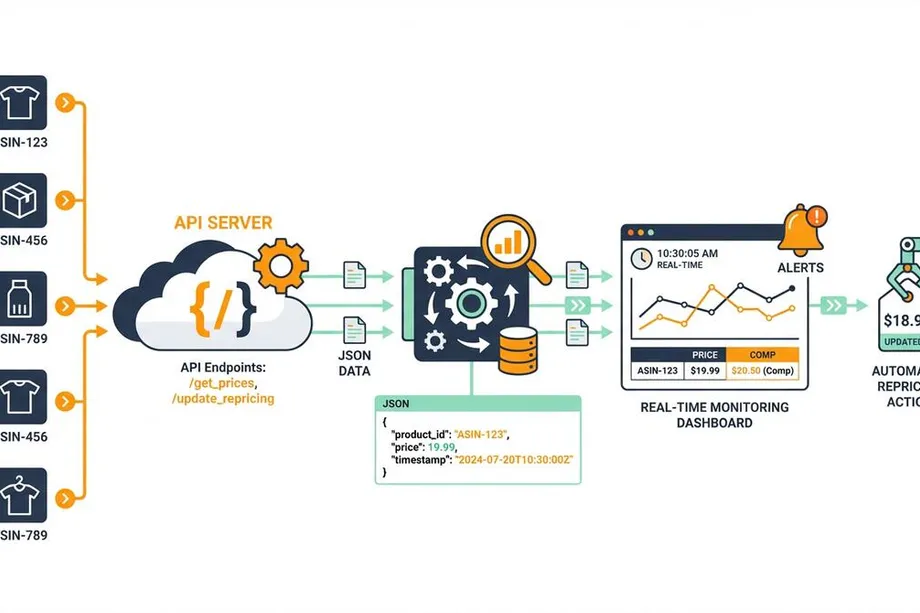 Automated Amazon repricing workflow: multiple ASINs feed into an API server with get_prices and update_repricing endpoints, generating JSON price data, displayed on a real-time monitoring dashboard with competitor price alerts, triggering an automated repricing action to $18.99.