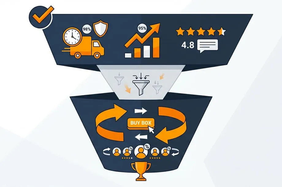 Funnel diagram illustrating Amazon Buy Box eligibility: top factors including 98% on-time delivery, 95% sales performance, and 4.8 seller rating are filtered down to a rotating Buy Box competition among sellers, with a trophy awarded to the winner.