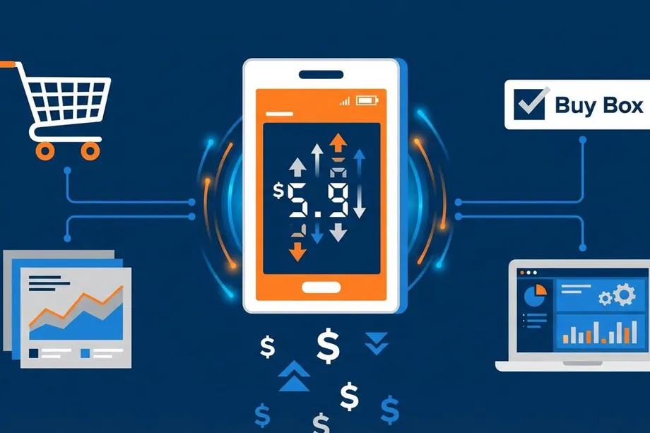 Dynamic pricing illustration centered on a smartphone displaying a $5.91 price with up and down arrows, connected to a shopping cart, sales trend charts, an analytics dashboard, and a Buy Box indicator, representing Amazon automated repricing strategy.