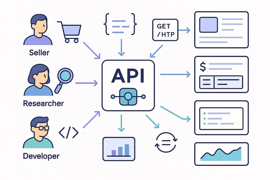 Diagram showing three user types  Seller, Researcher, and Developer  all sending requests to a central API, which returns product listings, pricing data, analytics charts, and trend graphs via GET/HTTP responses.