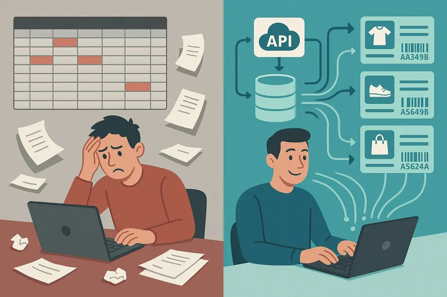 Illustration comparing manual product cataloging versus API-automated cataloging: on the left, a frustrated person surrounded by scattered papers and a disorganized spreadsheet; on the right, a calm person whose laptop connects via API to a database that automatically populates multiple product listings with ASIN codes.